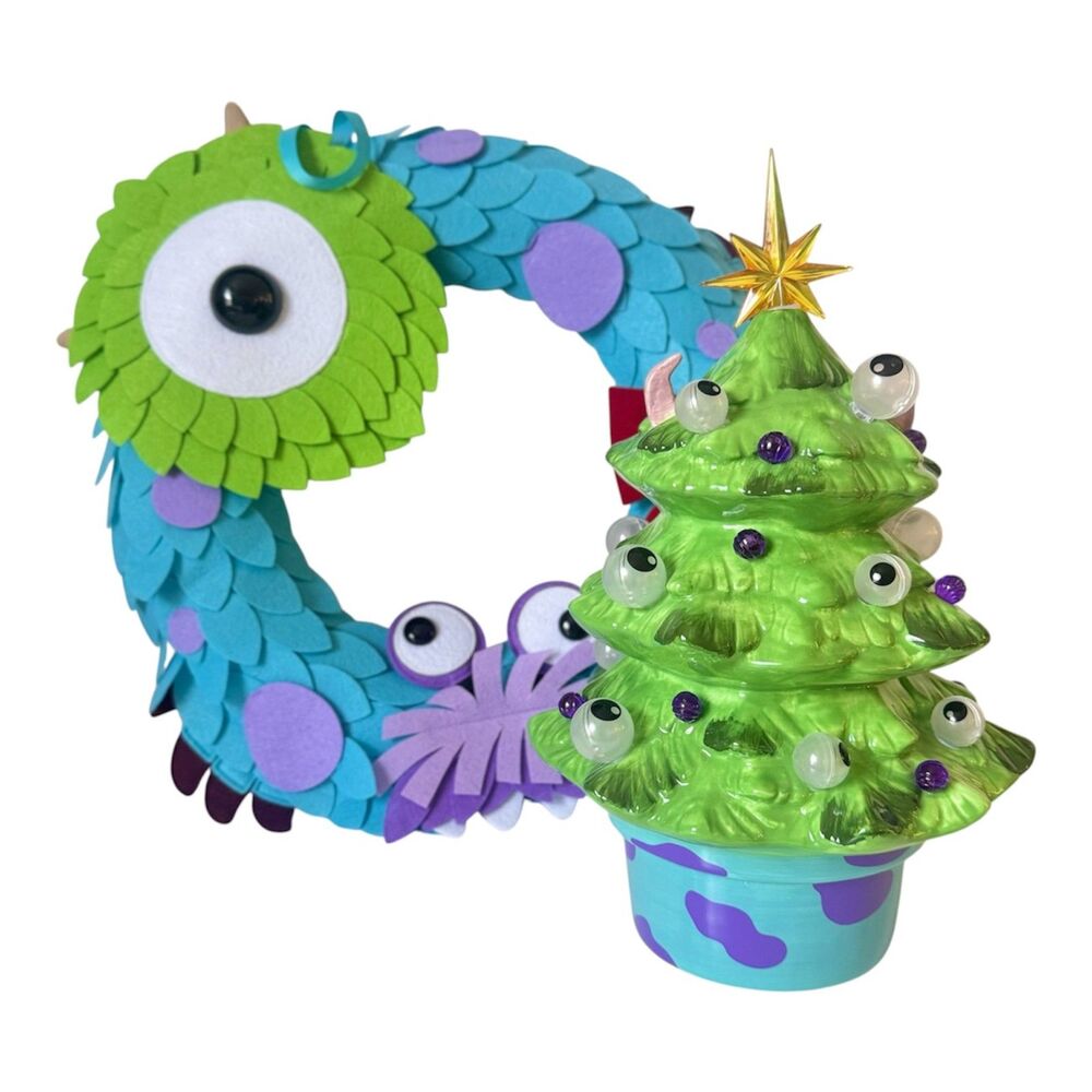 Disney Parks Monsters Inc Christmas Set Light-Up Tree + Wreath Mike Sully Boo